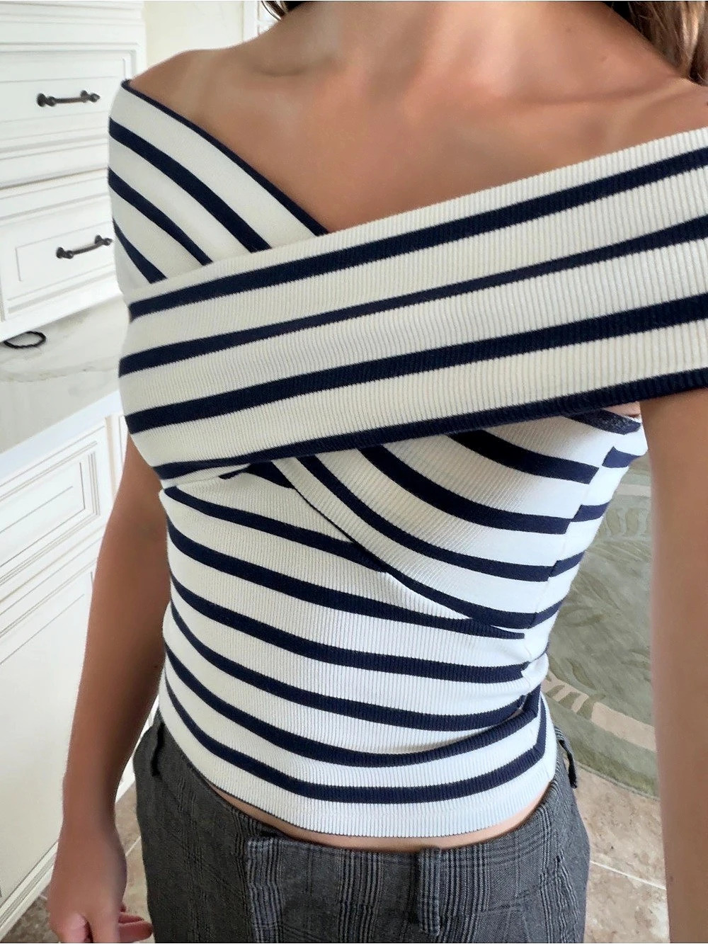 H&M Divided Rib-Knit Off-the-Shoulder Striped Top White & Blue Small